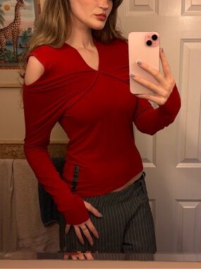 Vtg Y2K Cop Copine Crimson Red Plunge Neckline Detached Sleeves Subversive Top